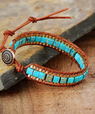 Pulsera ibicenca boho chic de cuero y piedras naturales