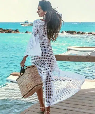 Vestido blanco asimetrico de ganchillo estilo adlib