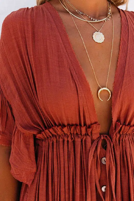 Cintura alta de un vestido ibicenco de poliester color rojo